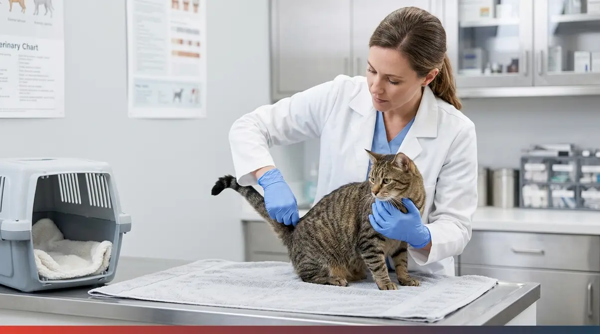 Veterinarian examining a cat tail injury on examination table in a clinical setting