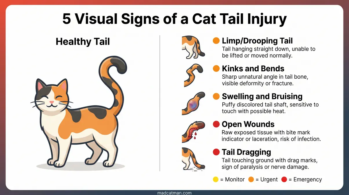 Infographic comparing healthy cat tail versus five cat tail injury signs including limp tail and dragging