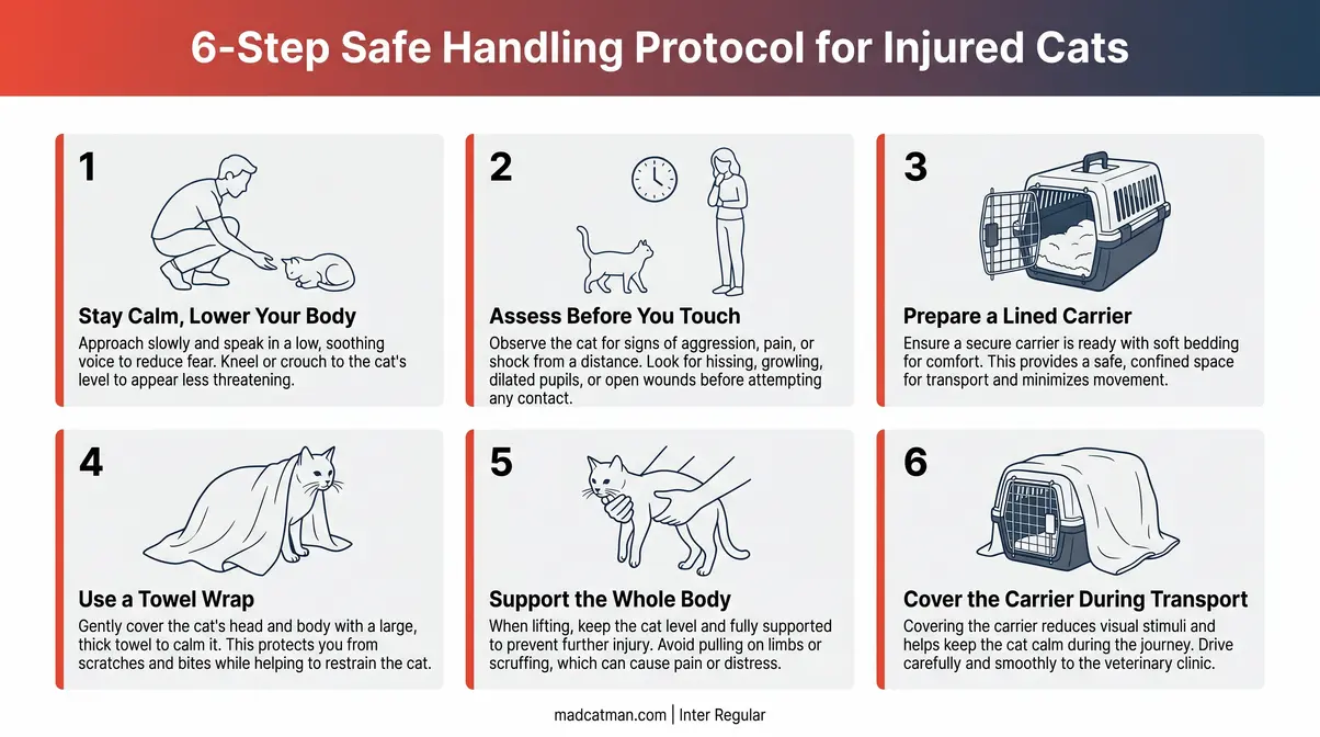 Six-step illustrated guide for safely handling and transporting a cat with a tail injury