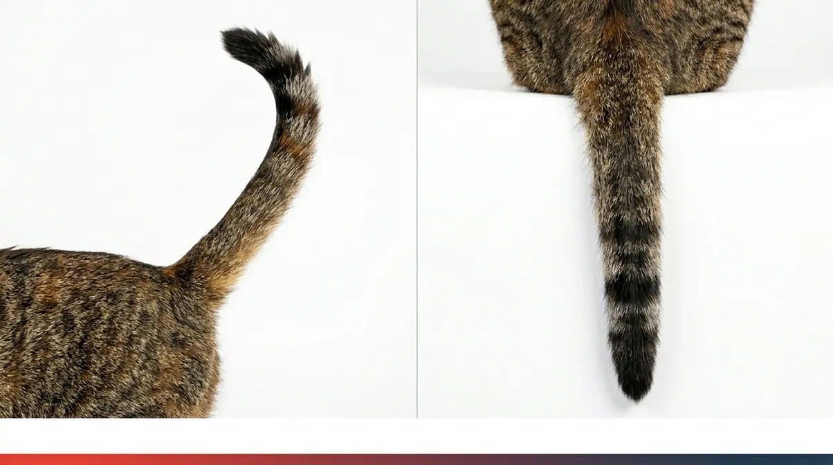 Side-by-side comparison of a healthy cat tail versus a limp injured tail showing key injury signs