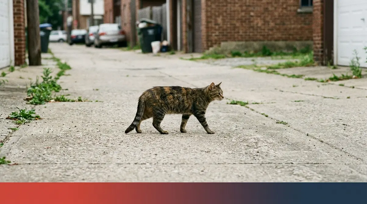 Stray cat observed from a distance with a limp dragging tail showing signs of injury