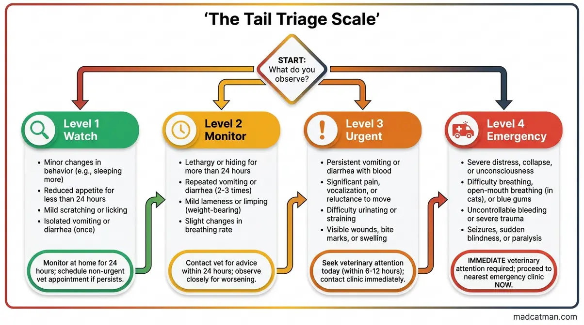 Decision tree flowchart showing the four-level Tail Triage Scale for cat tail injury signs assessment