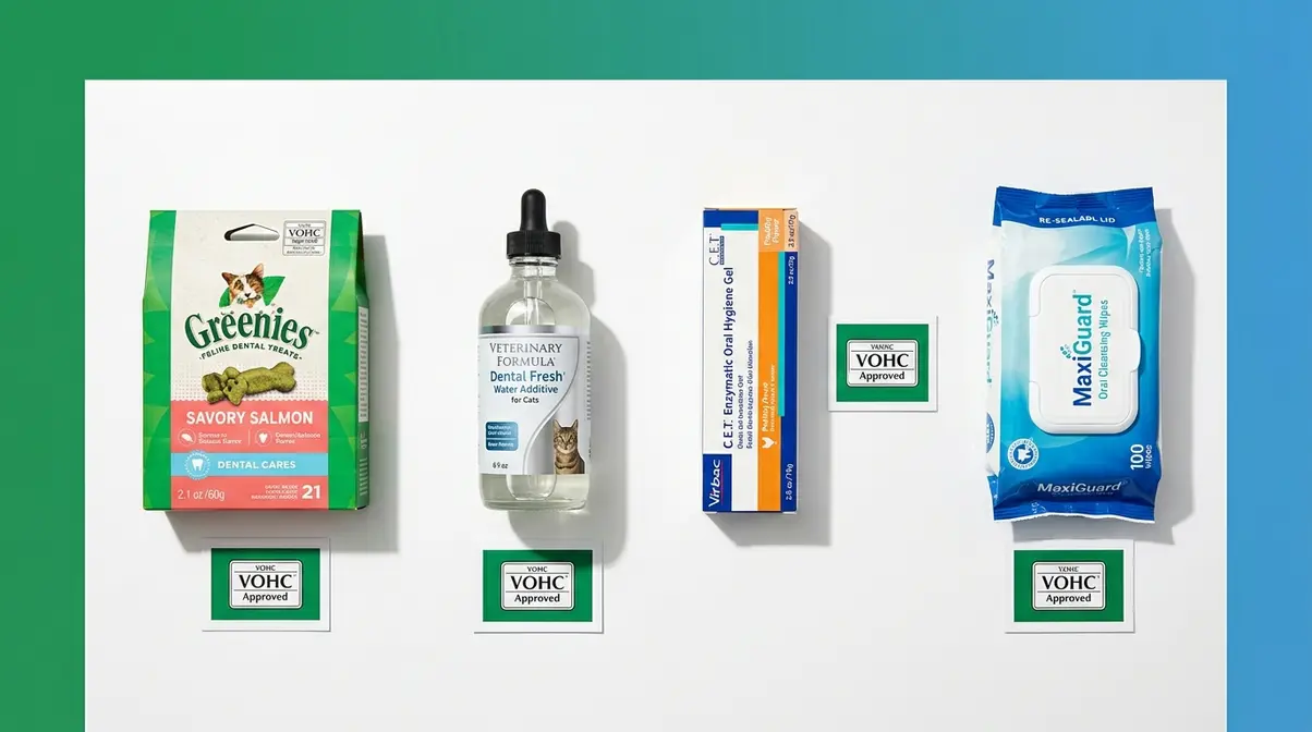 Flat-lay of VOHC-approved cat dental care alternatives including dental treats water additive enzymatic gel and wipes