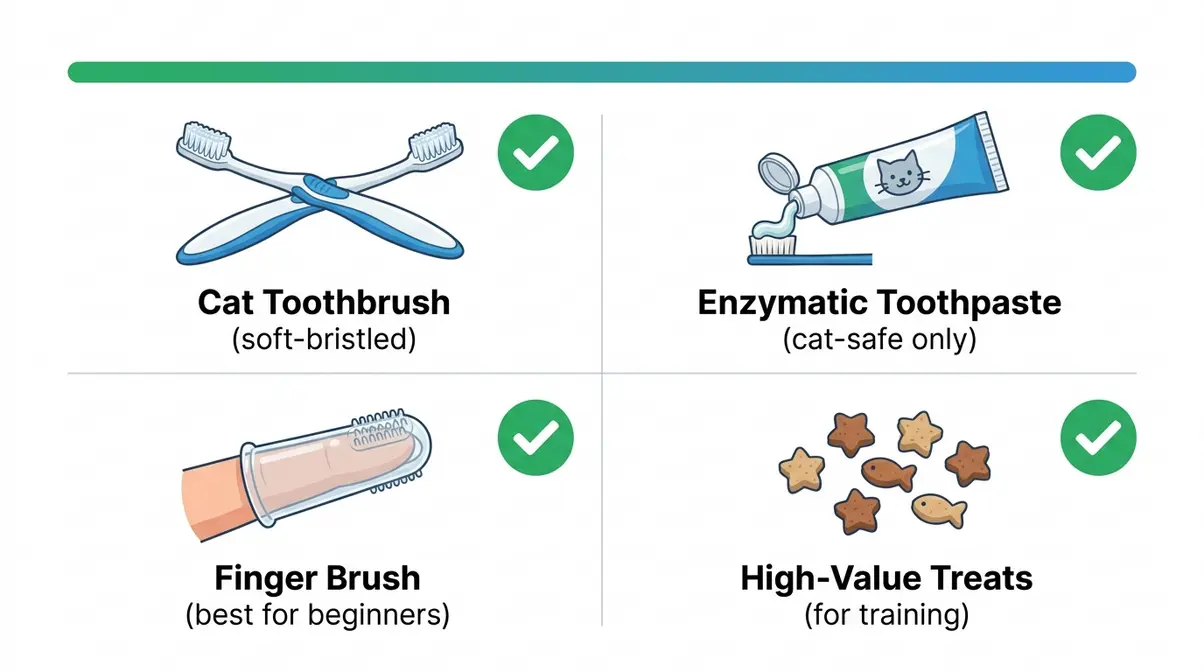 Visual checklist showing cat toothbrush, enzymatic toothpaste, finger brush, and dental treats with labels