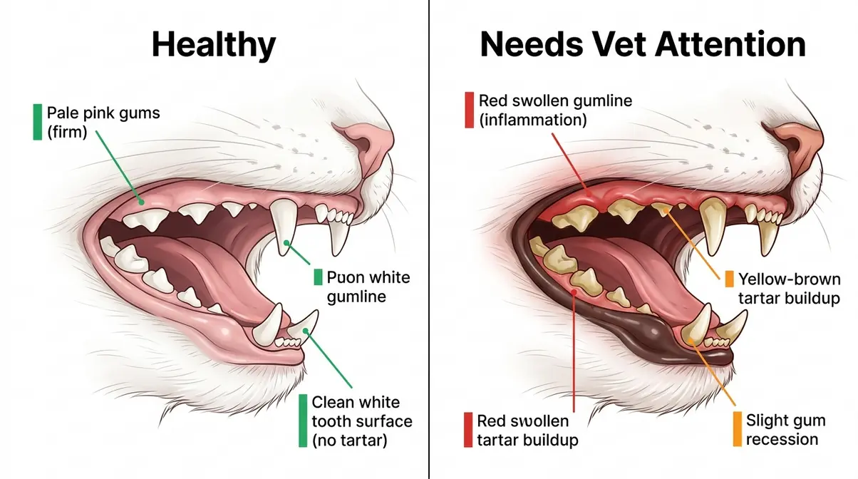Side-by-side comparison of healthy cat gums versus inflamed gums with tartar requiring veterinary attention