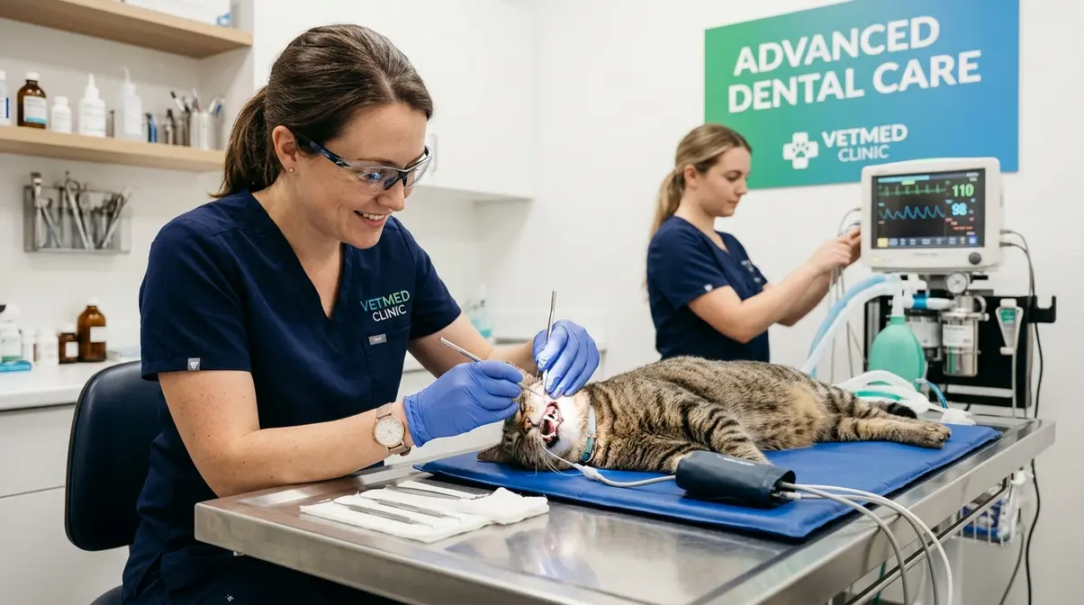 Veterinarian performing professional dental cleaning on a sedated cat in a veterinary clinic