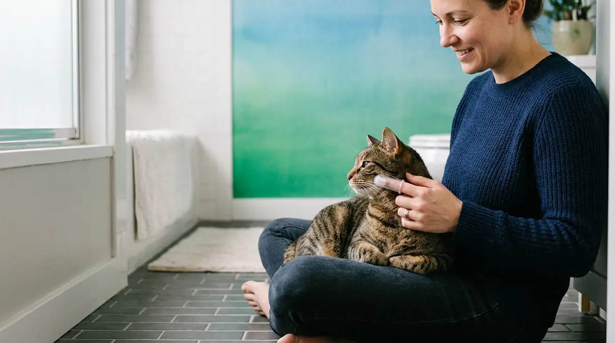 Person sitting on floor gently introducing a finger brush to a relaxed tabby cat during dental training