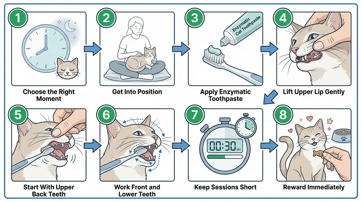 Step-by-step illustrated diagram showing safe cat tooth brushing technique including hold position lip lift and brush angle