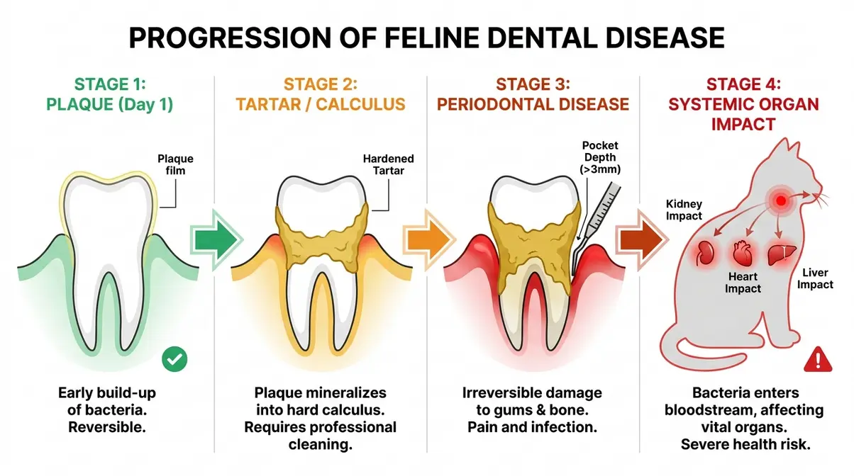 Illustrated diagram showing feline dental disease progression from plaque to periodontal disease and systemic organ impact in cats