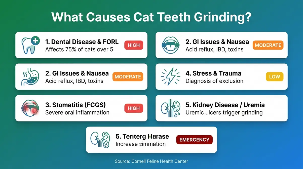 Cat teeth grinding causes infographic showing five conditions from dental disease to kidney failure with urgency levels