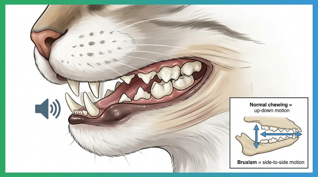 Diagram of cat jaw showing lateral side-to-side grinding motion that produces the bruxism crunching sound
