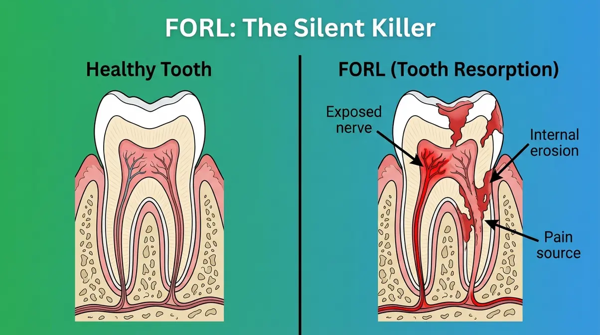 Cross-section illustration comparing healthy cat tooth to FORL tooth resorption showing internal erosion and exposed nerve