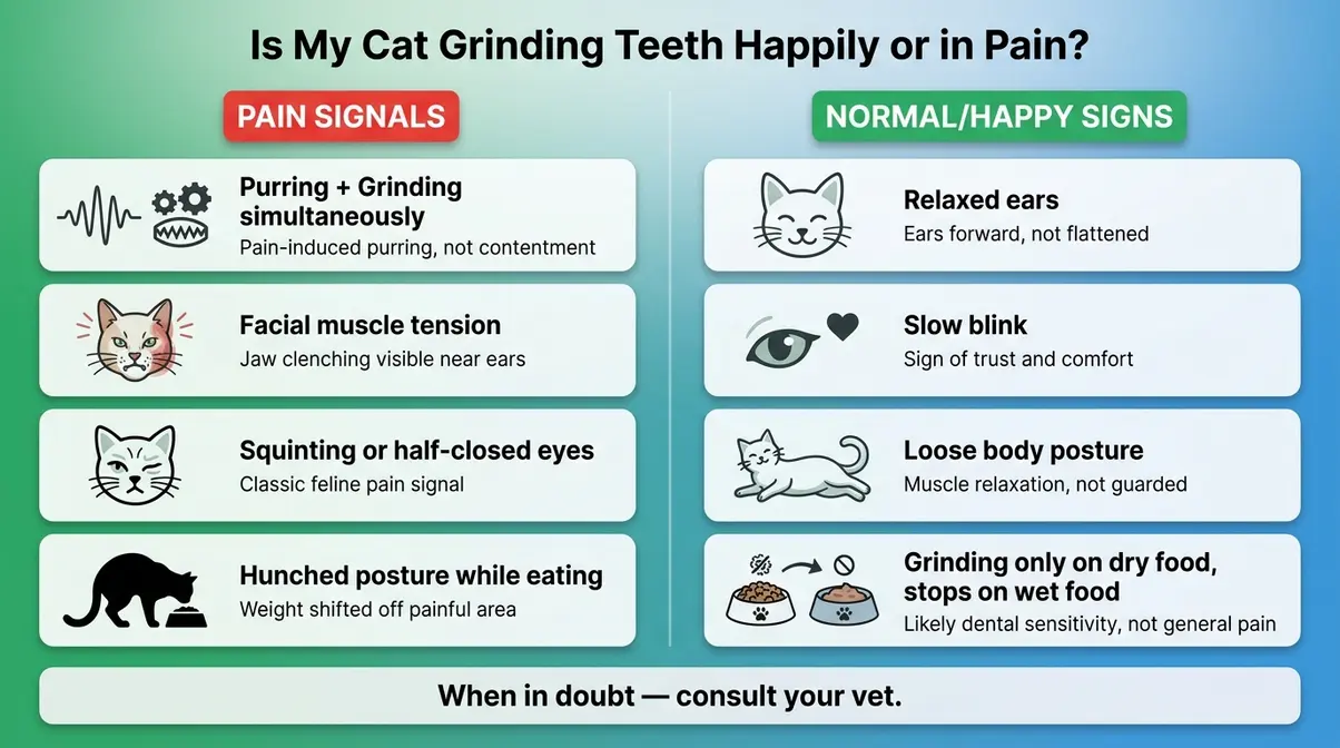 Infographic showing behavioral differences between happy cat sounds and pain-related teeth grinding including purring as pain signal