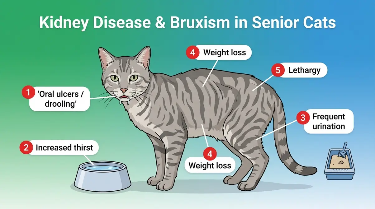 Senior cat illustration showing five kidney disease and uremia symptoms that accompany teeth grinding as emergency warning signs