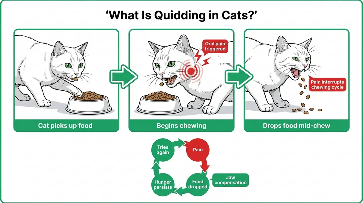Diagram showing quidding in cats where dental pain causes food to be dropped mid-chew with pain cycle annotation