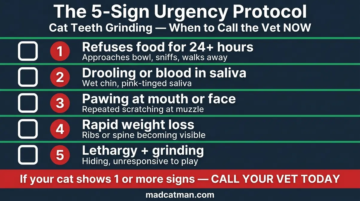 The 5-Sign Urgency Protocol checklist showing five emergency warning signs for cat teeth grinding requiring immediate vet care