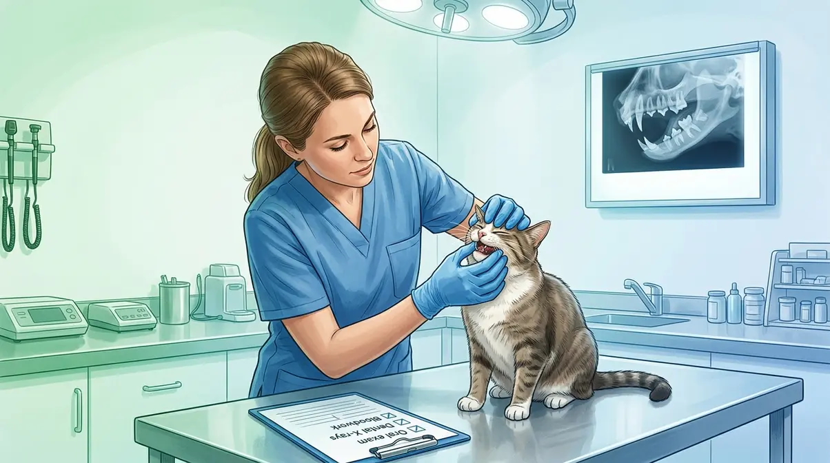 Veterinarian performing oral examination on cat with dental X-ray showing what to expect at vet appointment for teeth grinding