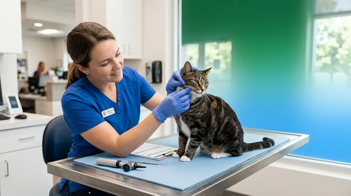 Adult cat receiving annual wellness exam with veterinarian checking teeth and gum health at clinic