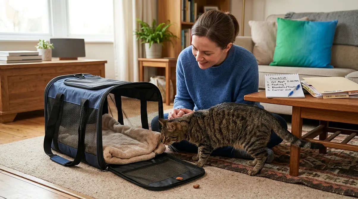 Cat owner preparing for vet visit with open carrier and written checklist of questions and records