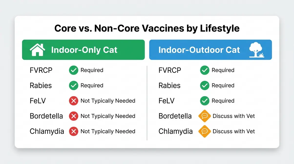 Indoor vs outdoor cat vaccine comparison chart showing core and non-core vaccine requirements by lifestyle