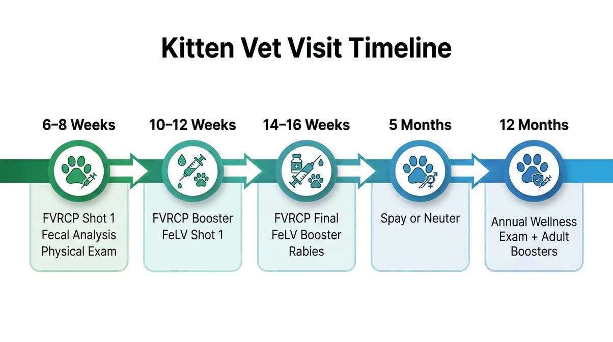 Cat vet schedule checklist kitten vaccination timeline showing milestones from six weeks to twelve months