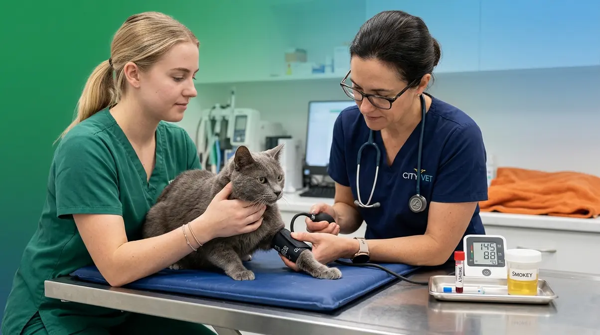 Senior cat at vet visit receiving blood pressure measurement and wellness screening diagnostics