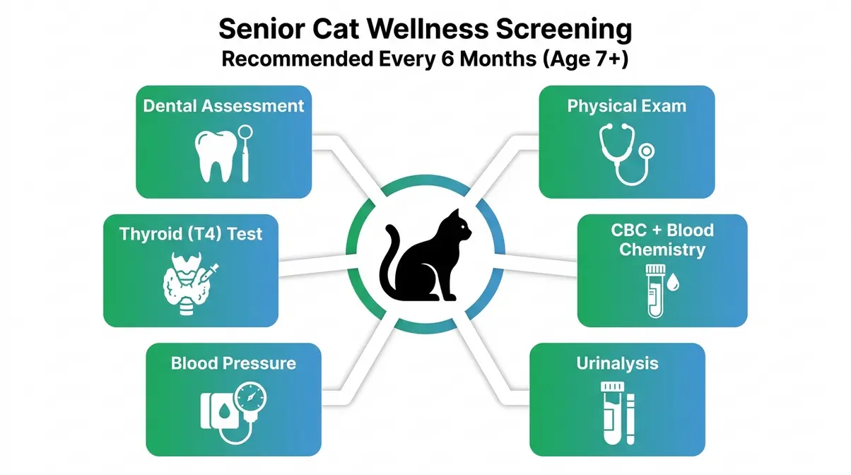 Senior cat wellness screening components diagram showing blood work urinalysis thyroid and dental assessment
