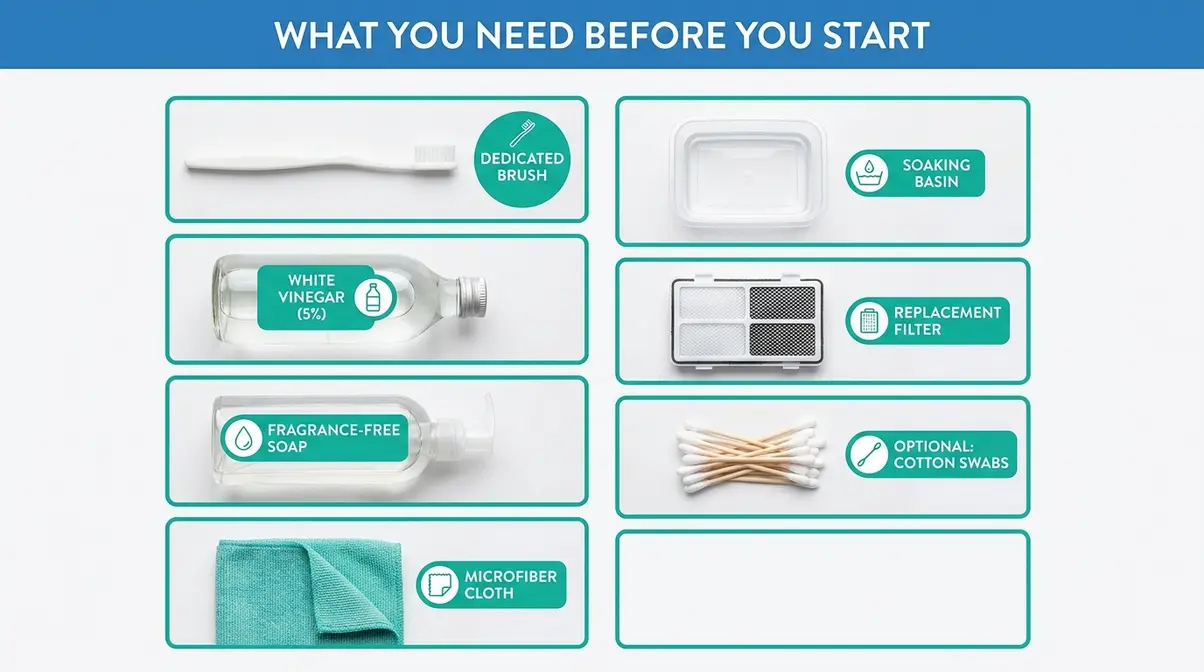 Flat lay infographic of cat water fountain maintenance supplies: brush, vinegar, fragrance-free soap, and microfiber cloth