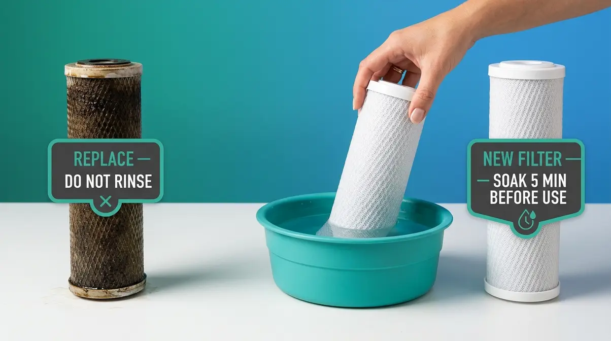 Side-by-side comparison of a spent cat water fountain carbon filter versus a fresh replacement filter ready to install