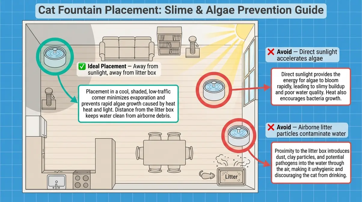 Diagram showing ideal cat water fountain placement away from direct sunlight and litter box to prevent slime and algae