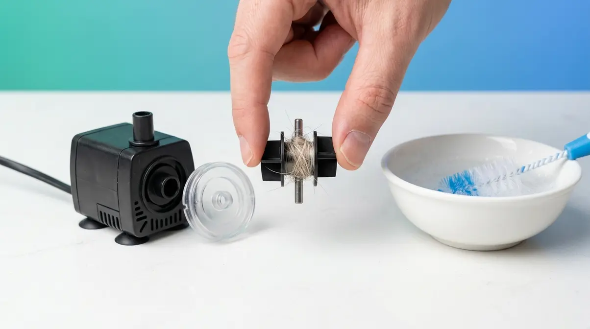 Cat water fountain pump disassembled showing impeller with hair buildup on the shaft during deep cleaning