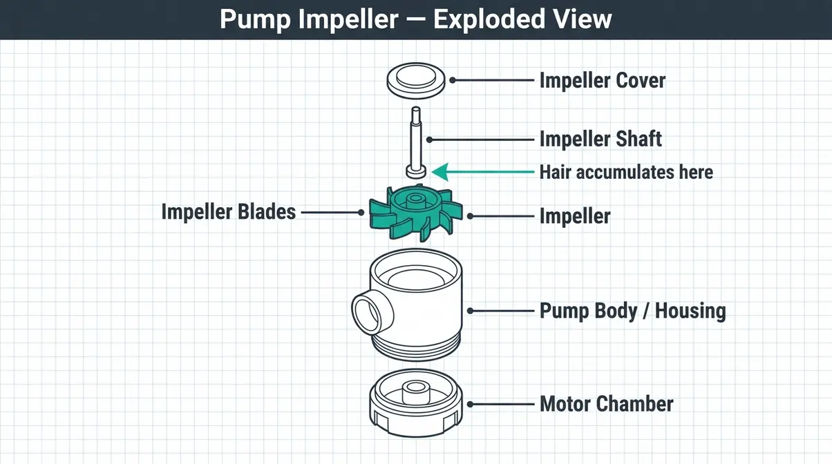 Labeled exploded view diagram of cat water fountain pump impeller showing shaft, blades, and housing components