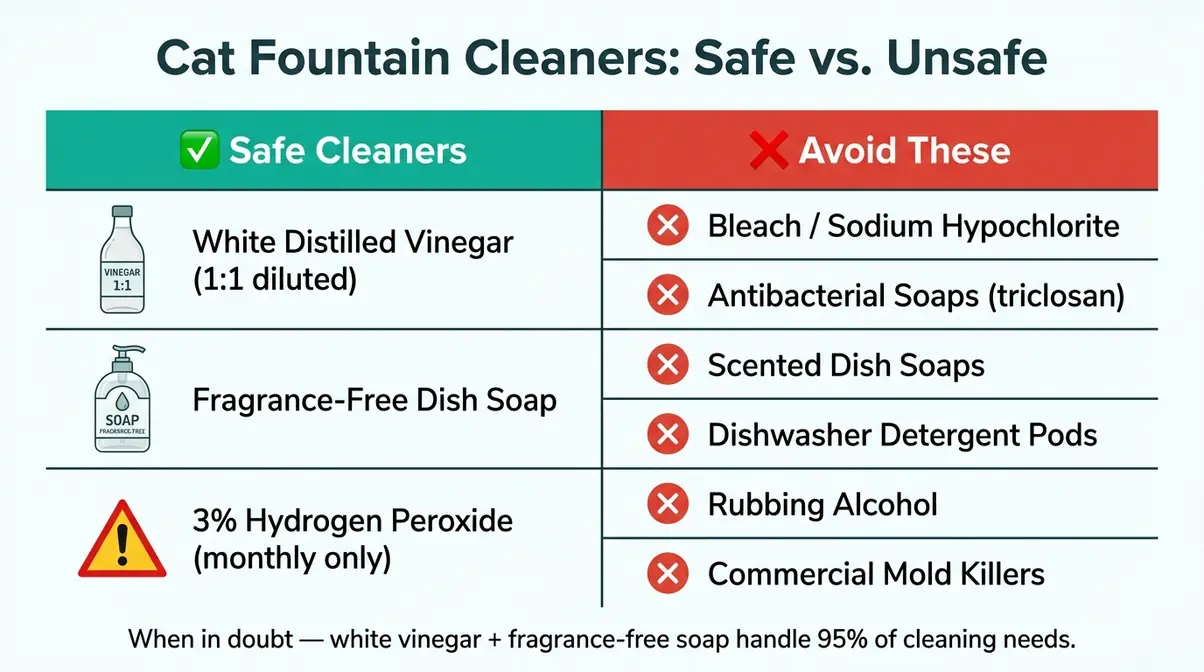 Cat water fountain maintenance safe cleaning agents chart showing vinegar and fragrance-free soap as safe, bleach as dangerous