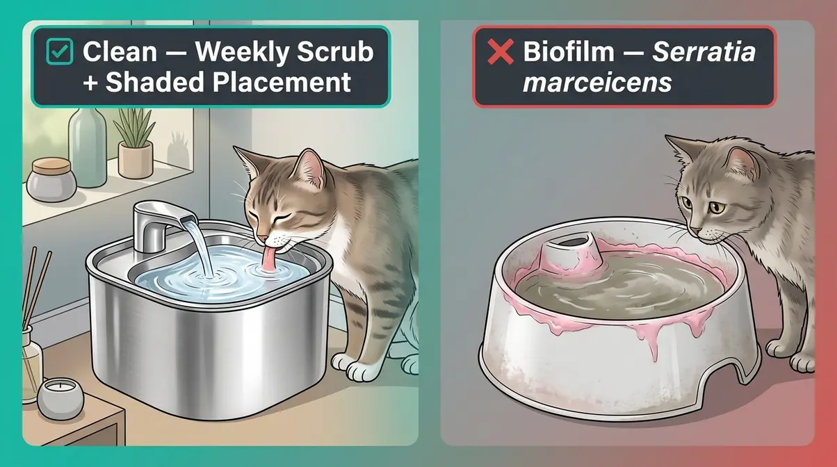 Comparison of clean cat water fountain versus one with pink slime biofilm caused by Serratia marcescens bacteria
