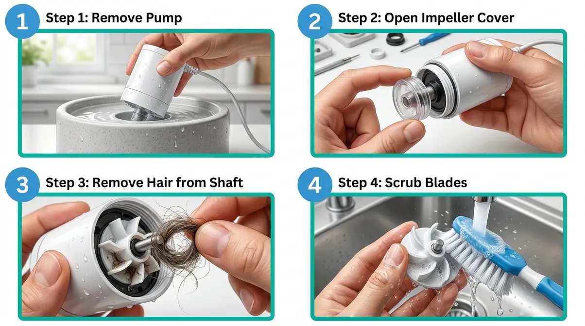 Step-by-step photo series of hands disassembling a cat water fountain pump impeller and removing hair buildup