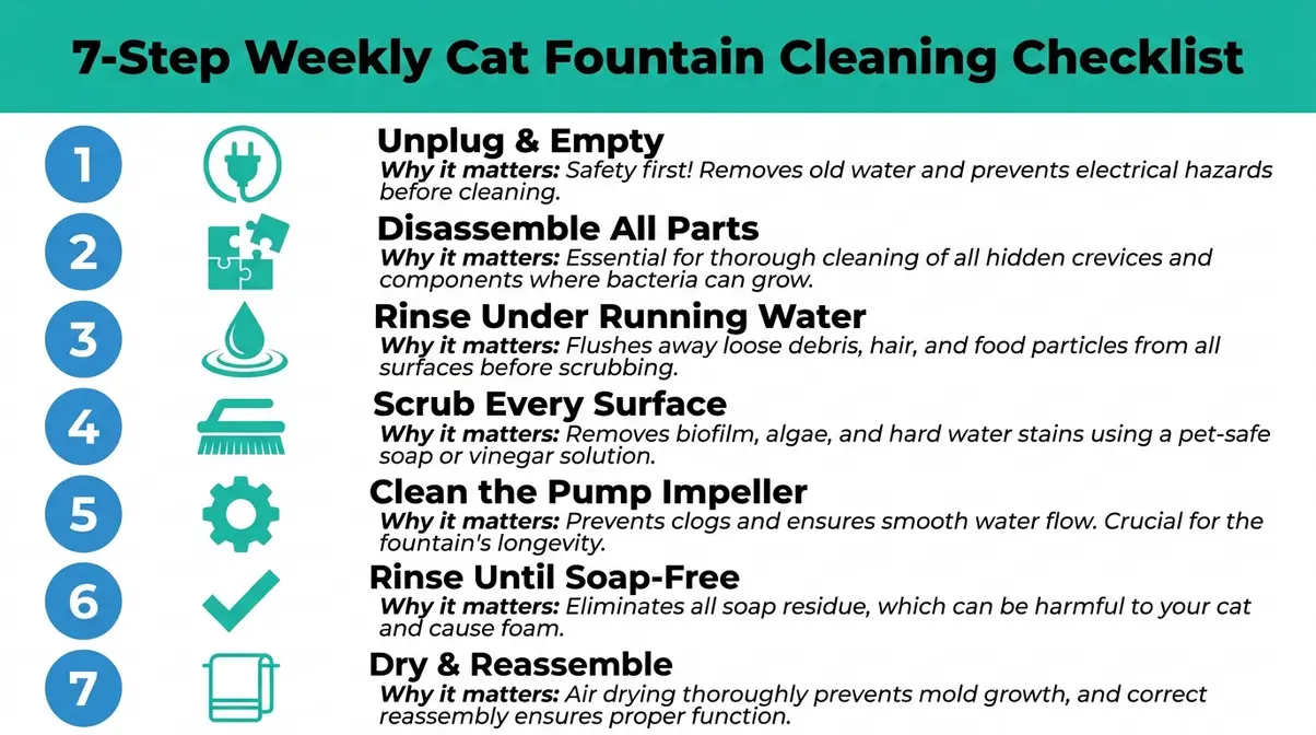 Seven-step weekly cat water fountain cleaning checklist infographic from disassembly to reassembly