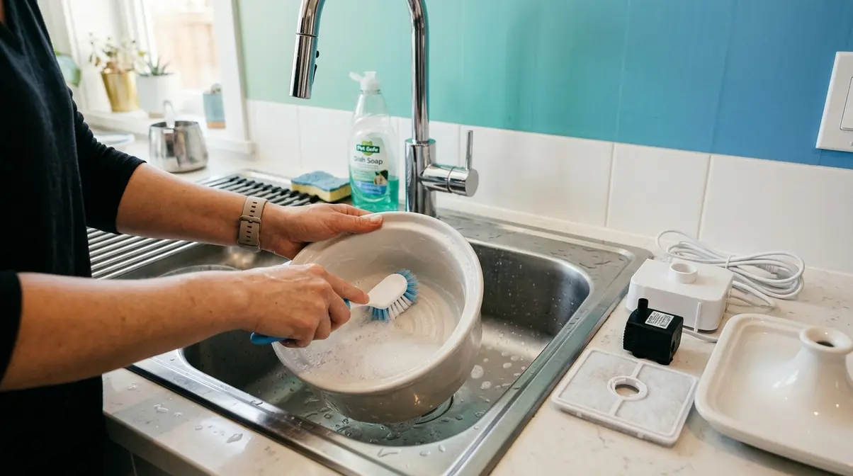 Hands scrubbing a disassembled cat water fountain bowl weekly with a soft brush and fragrance-free soap