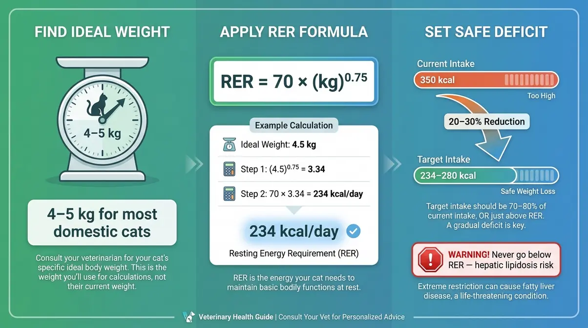 Diagram showing how to calculate cat RER formula and set a safe daily calorie deficit for weight loss