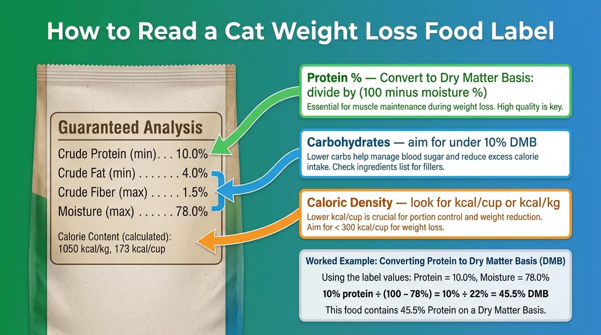 Annotated cat food nutrition label showing how to find protein dry matter basis and calorie density for cat weight loss food