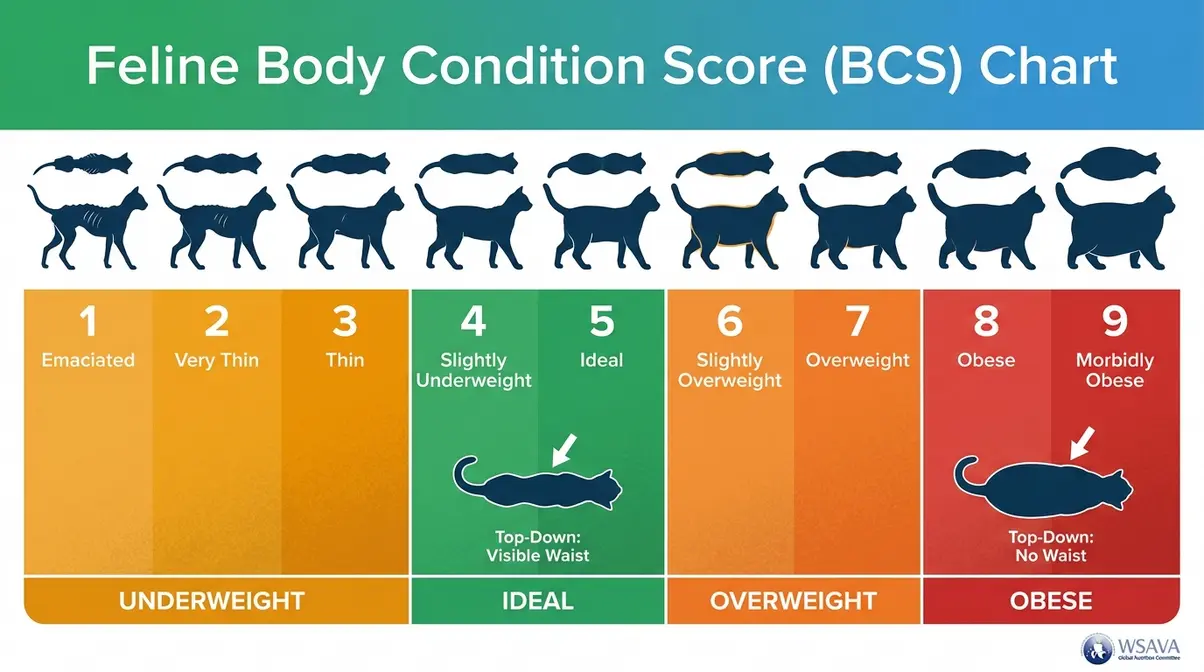 Feline body condition score chart from BCS 1 to 9 showing ideal weight at BCS 5 and obesity at BCS 8 to 9