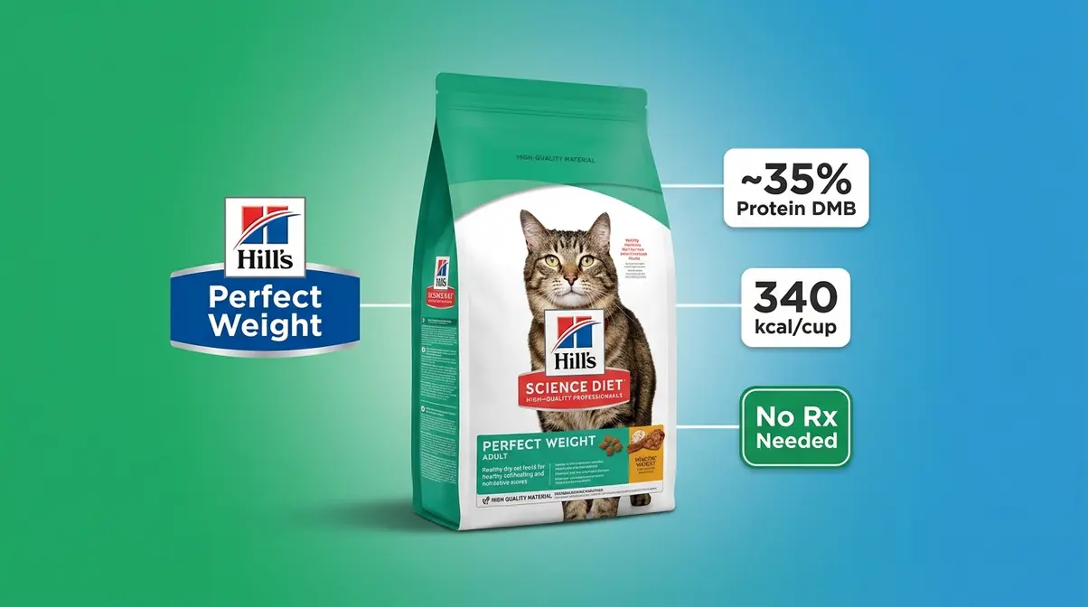 Hills Science Diet Perfect Weight dry cat food bag for overweight cats with high fiber and no prescription required