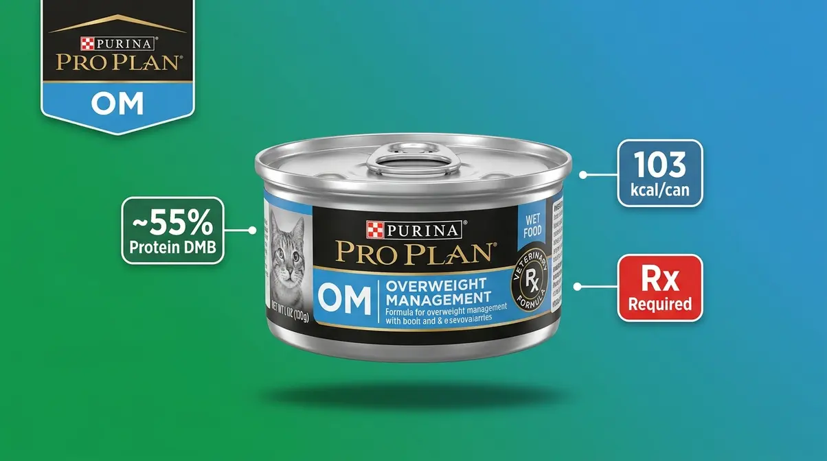 Purina Pro Plan OM overweight management wet cat food can with high protein and low calorie specs