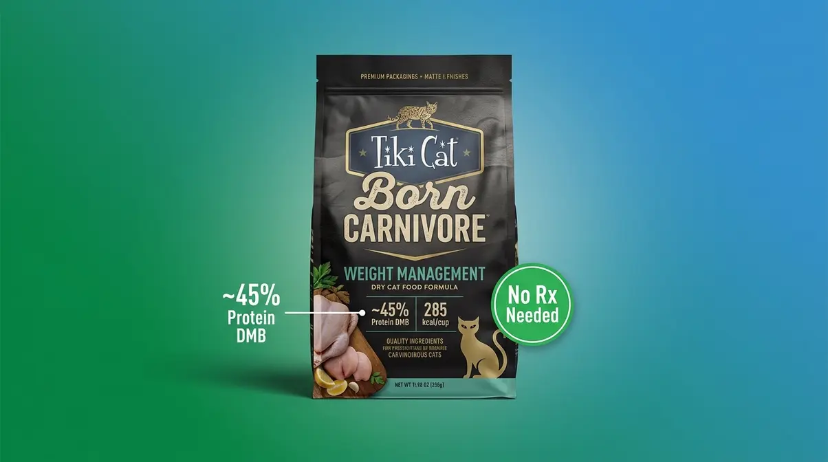 Tiki Cat Born Carnivore Weight Management dry cat food bag with highest protein among OTC weight loss formulas
