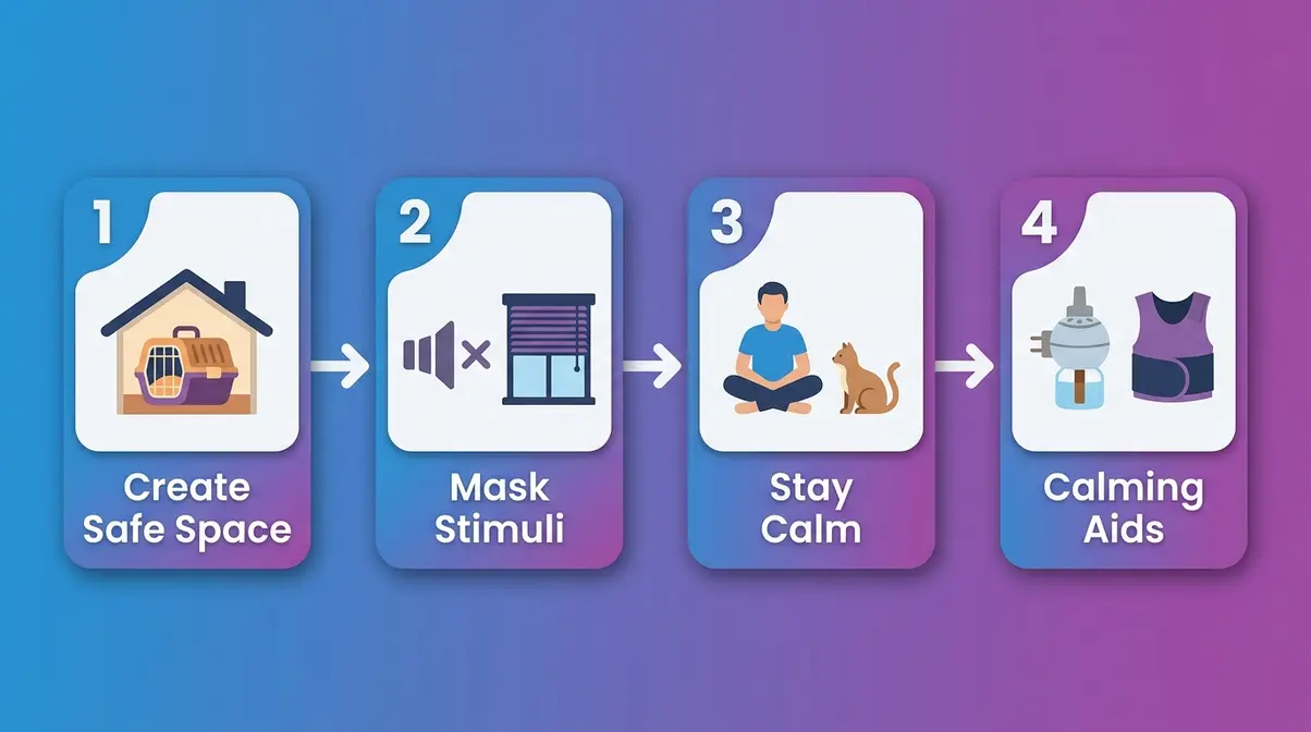 Four-step illustrated overview for calming cats scared of thunderstorms during a storm