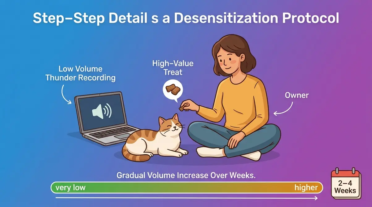 Illustrated counterconditioning protocol showing owner playing thunder sounds while rewarding calm cat with treats