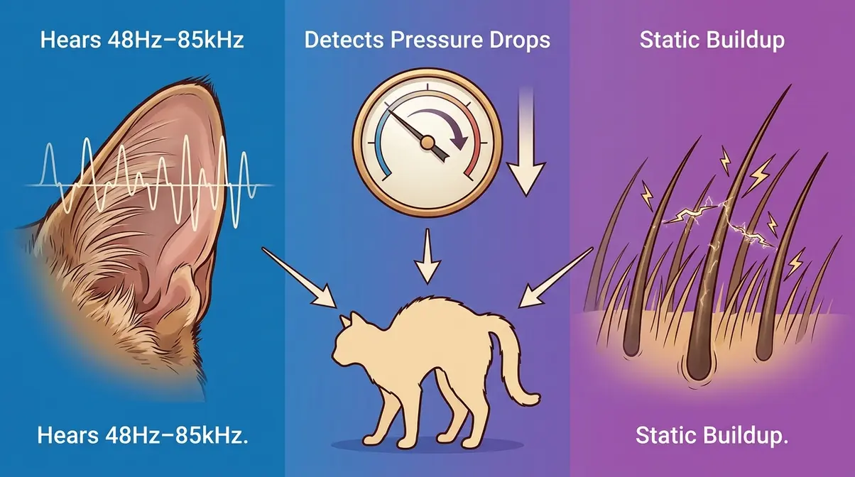 Scientific illustration showing three physiological reasons cats scared of thunderstorms react with extreme fear