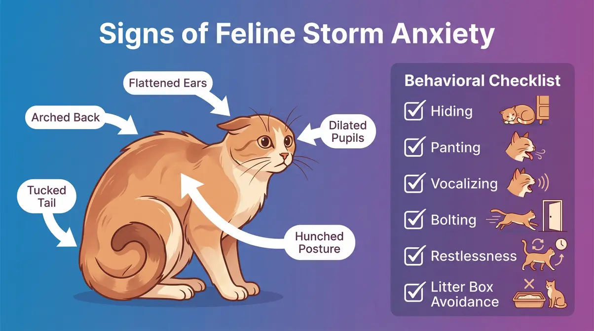 Infographic showing body language signs of cats scared of thunderstorms including flattened ears and hunched posture