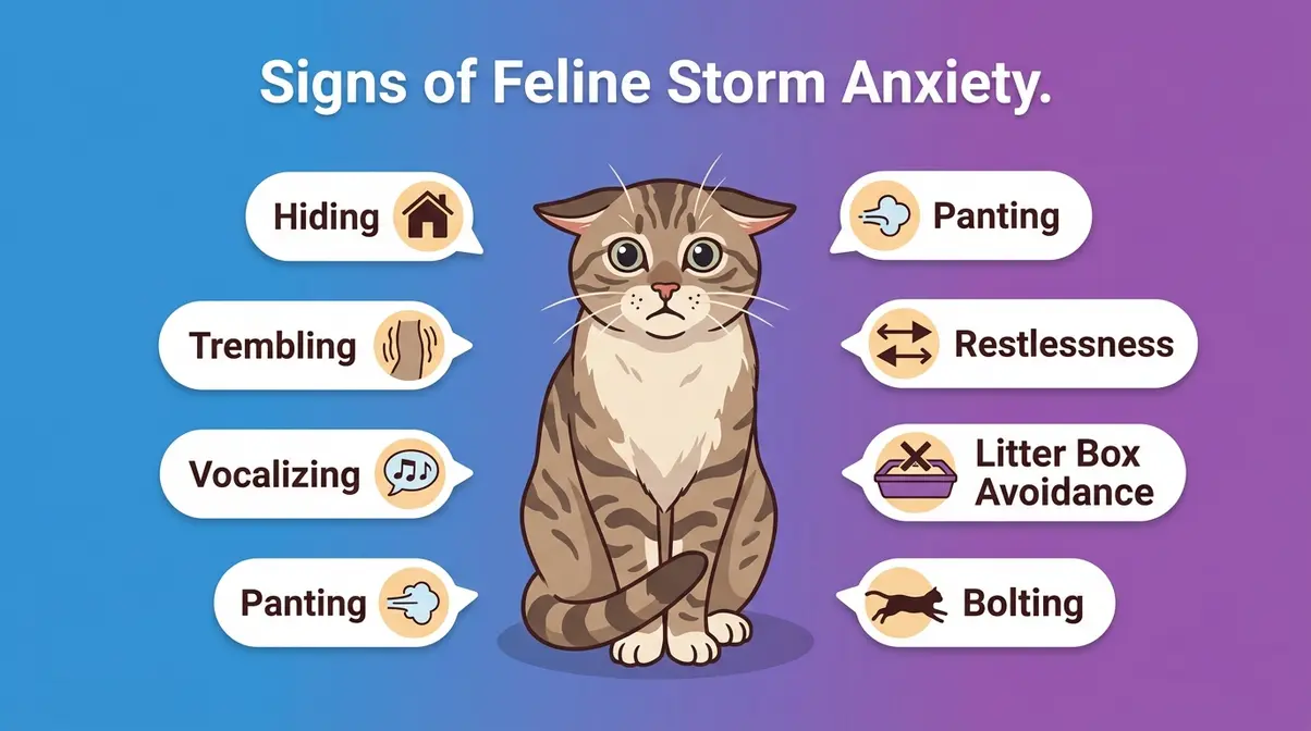 Illustrated guide to behavioral signs of storm anxiety in cats including hiding, trembling, and vocalizing