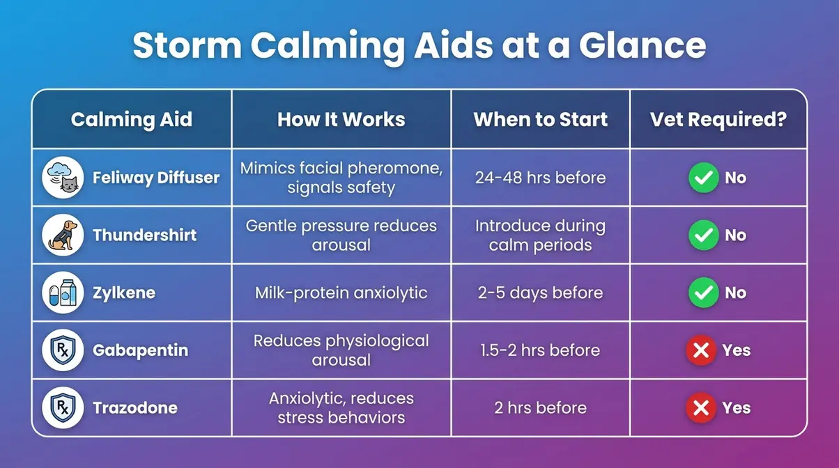 Comparison checklist of calming aids for cats scared of thunderstorms including Feliway, Thundershirt, Zylkene, and prescriptions