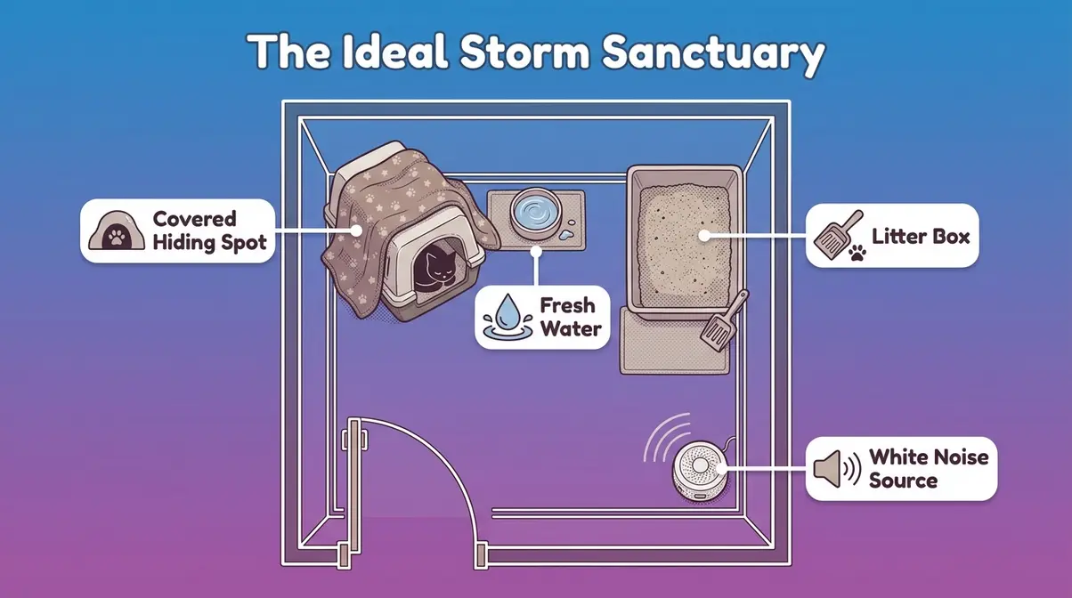 Diagram showing how to set up a storm sanctuary for cats scared of thunderstorms with carrier, water, and white noise
